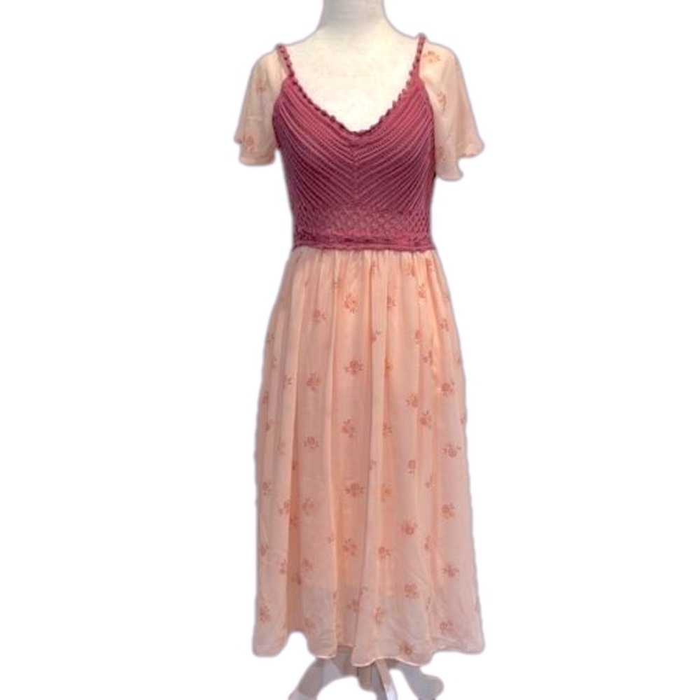 Free People Pink & Peach Peasant Dress with Crocheted Bodice